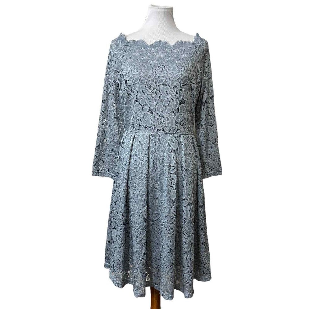 MISSMAY Womens XL Floral Lace Long Sleeve Boat Neck Cocktail Party Swing Dress‎